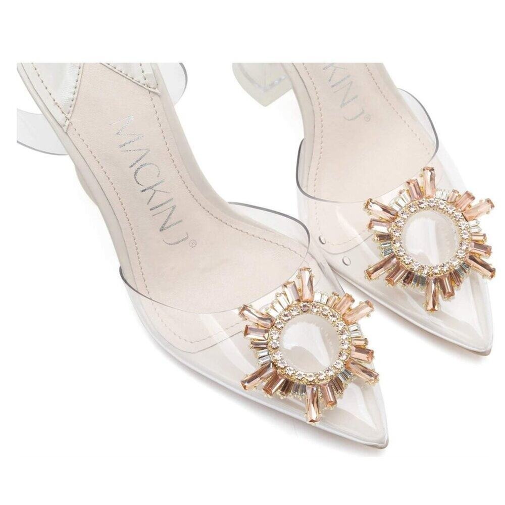 Mackin J Women's Clear Rhinestone Pointed Toe Slip On Pumps Sandals Nude 10